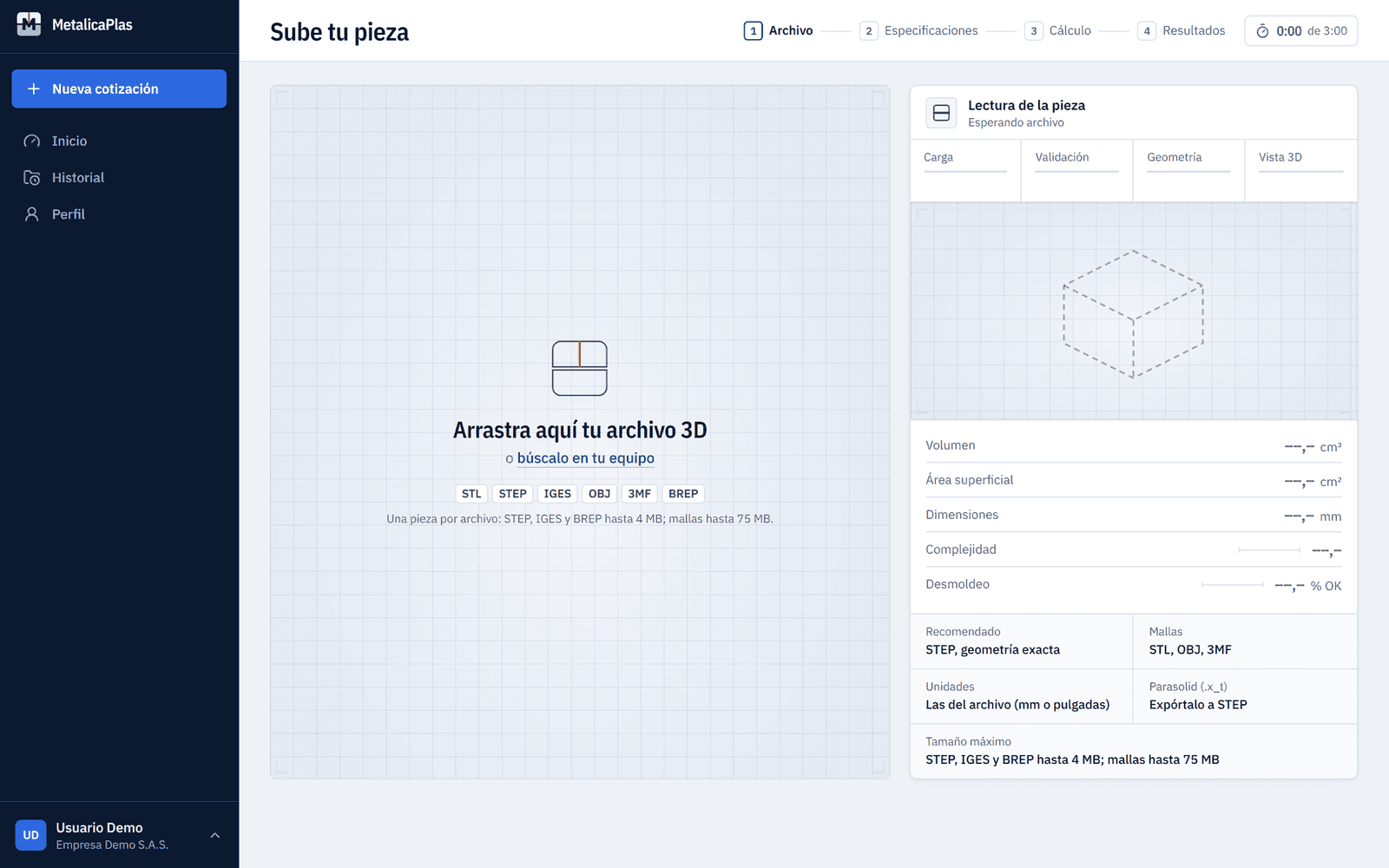 Paso 1: la mesa donde arrastras el archivo 3D de tu pieza
