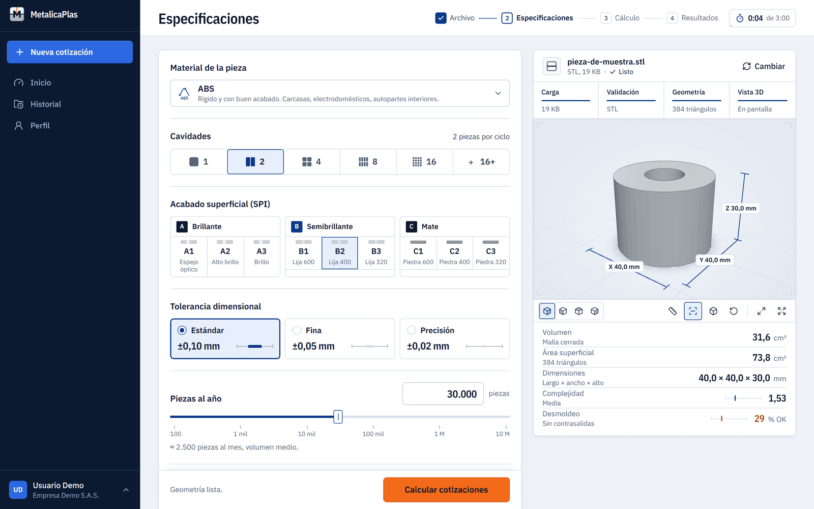 Paso 2: el formulario de especificaciones junto a la pieza en 3D con sus cotas